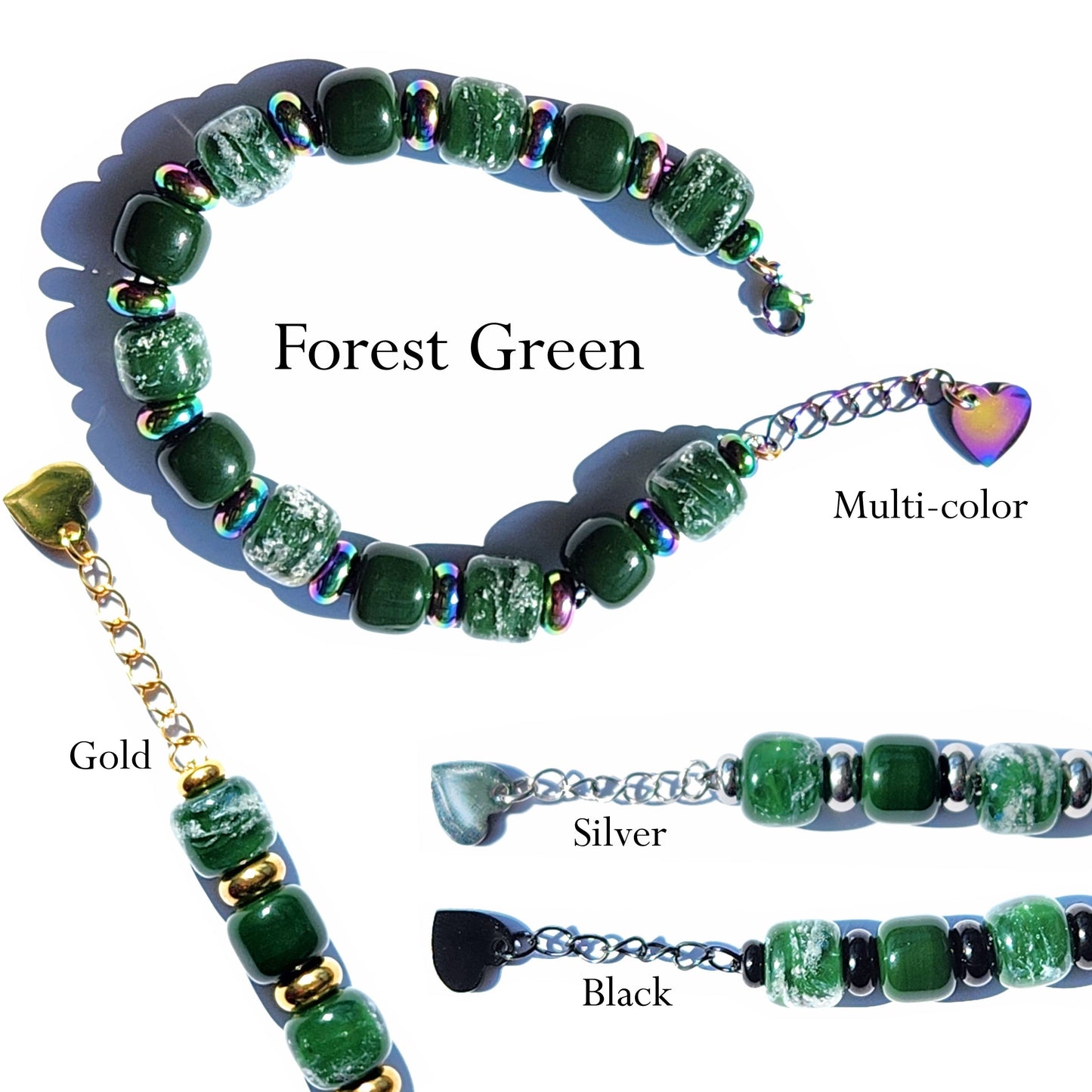 Eternal Bracelet with Cremation Ashes in Forest Green-Cremation Beads-DragonFire Glass-Multi-color-DragonFire Glass Cremation Jewelry