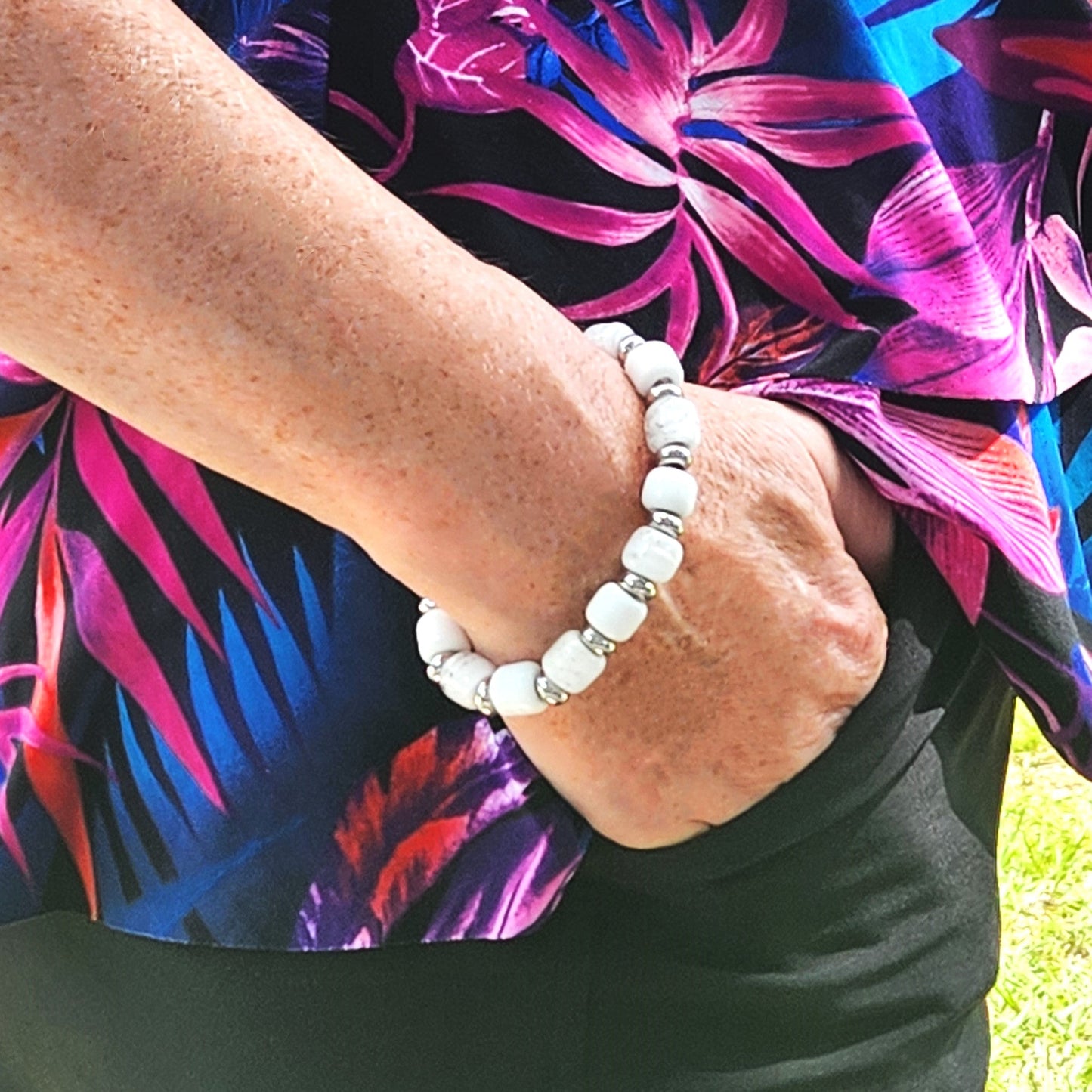 Eternal Cremation Ashes Beaded Bracelet in White-Cremation Beads-DragonFire Glass-Multi-color-DragonFire Glass Cremation Jewelry