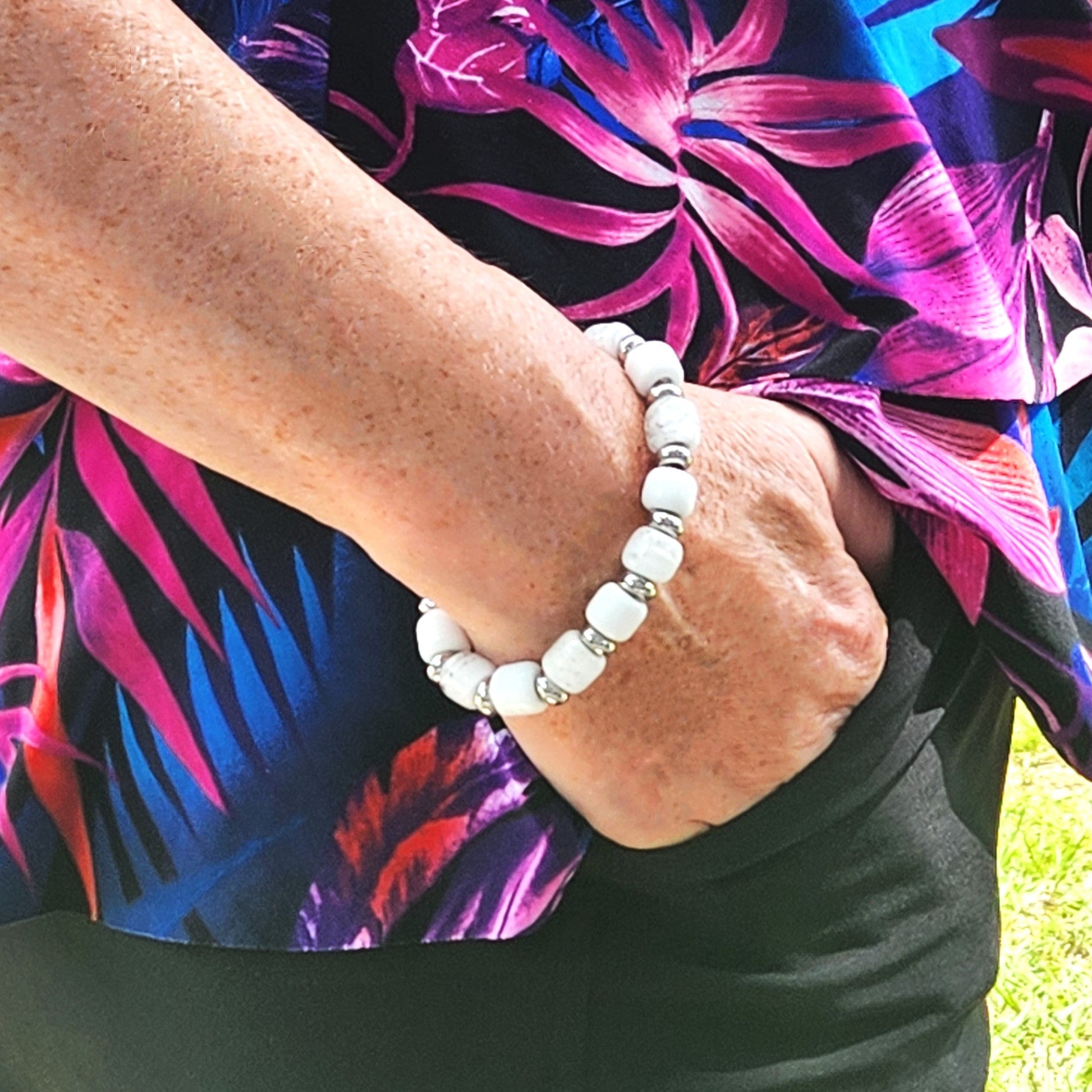 Eternal Cremation Ashes Beaded Bracelet in White-Cremation Beads-DragonFire Glass-Multi-color-DragonFire Glass Cremation Jewelry