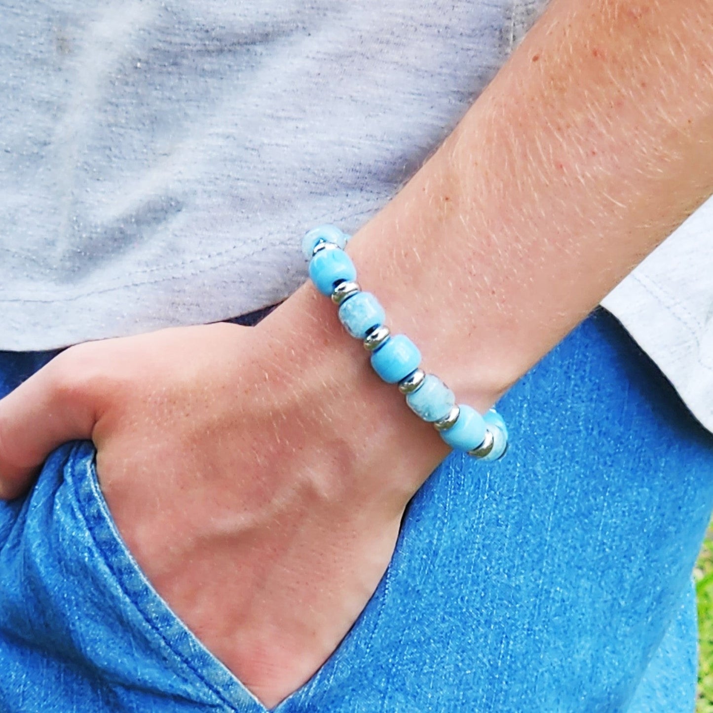 Eternal Cremation Bracelet With Glass Beads in Sky Blue-Cremation Beads-DragonFire Glass-Silver-DragonFire Glass Cremation Jewelry